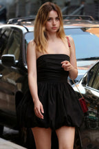 Cathy Black Puff Ball Strapless Mini Dress with Ruching Details