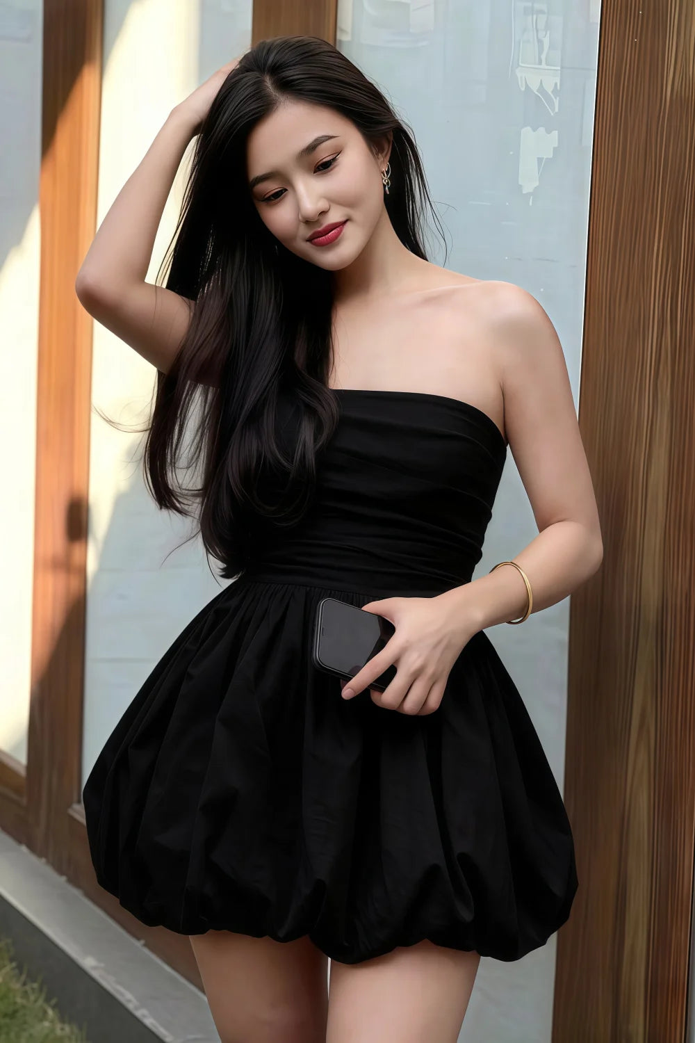 Cathy Black Puff Ball Strapless Mini Dress with Ruching Details