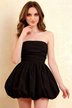 Cathy Black Puff Ball Strapless Mini Dress with Ruching Details
