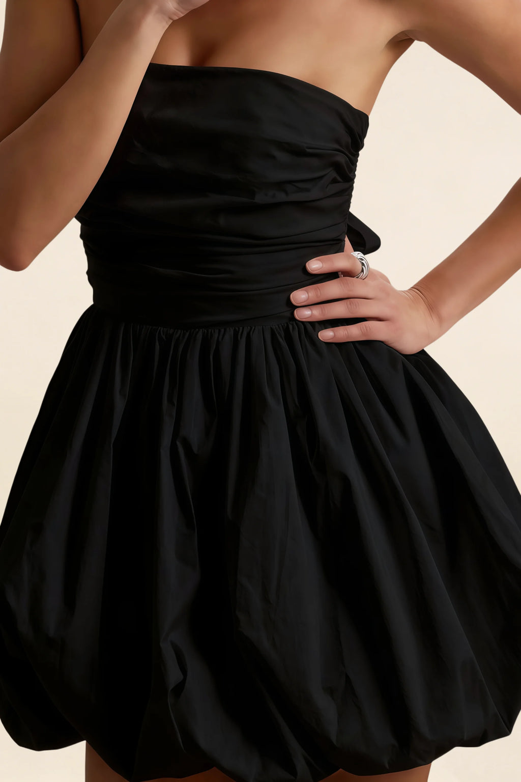 Cathy Black Puff Ball Strapless Mini Dress with Ruching Details