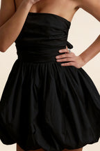Cathy Black Puff Ball Strapless Mini Dress with Ruching Details