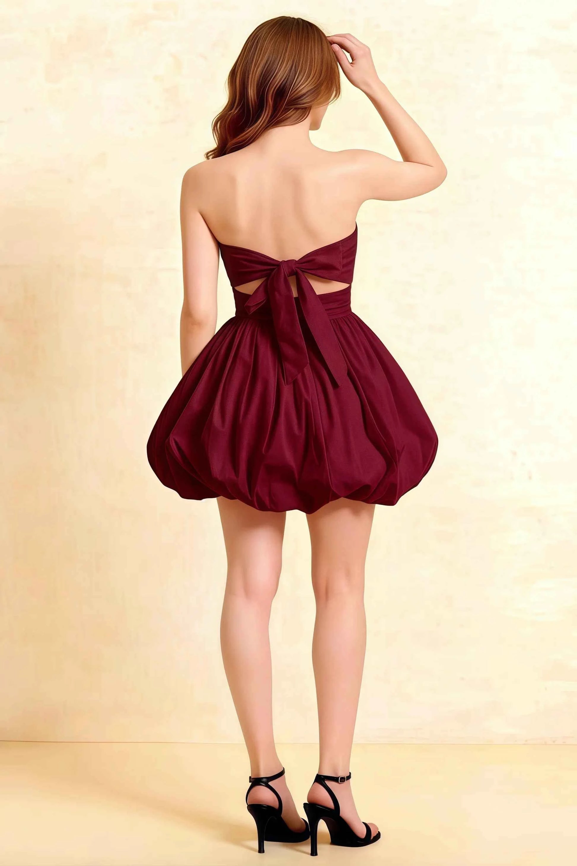 Cathy Burgundy Puff Ball Strapless Mini Dress with Ruching Details