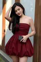 Cathy Burgundy Puff Ball Strapless Mini Dress with Ruching Details