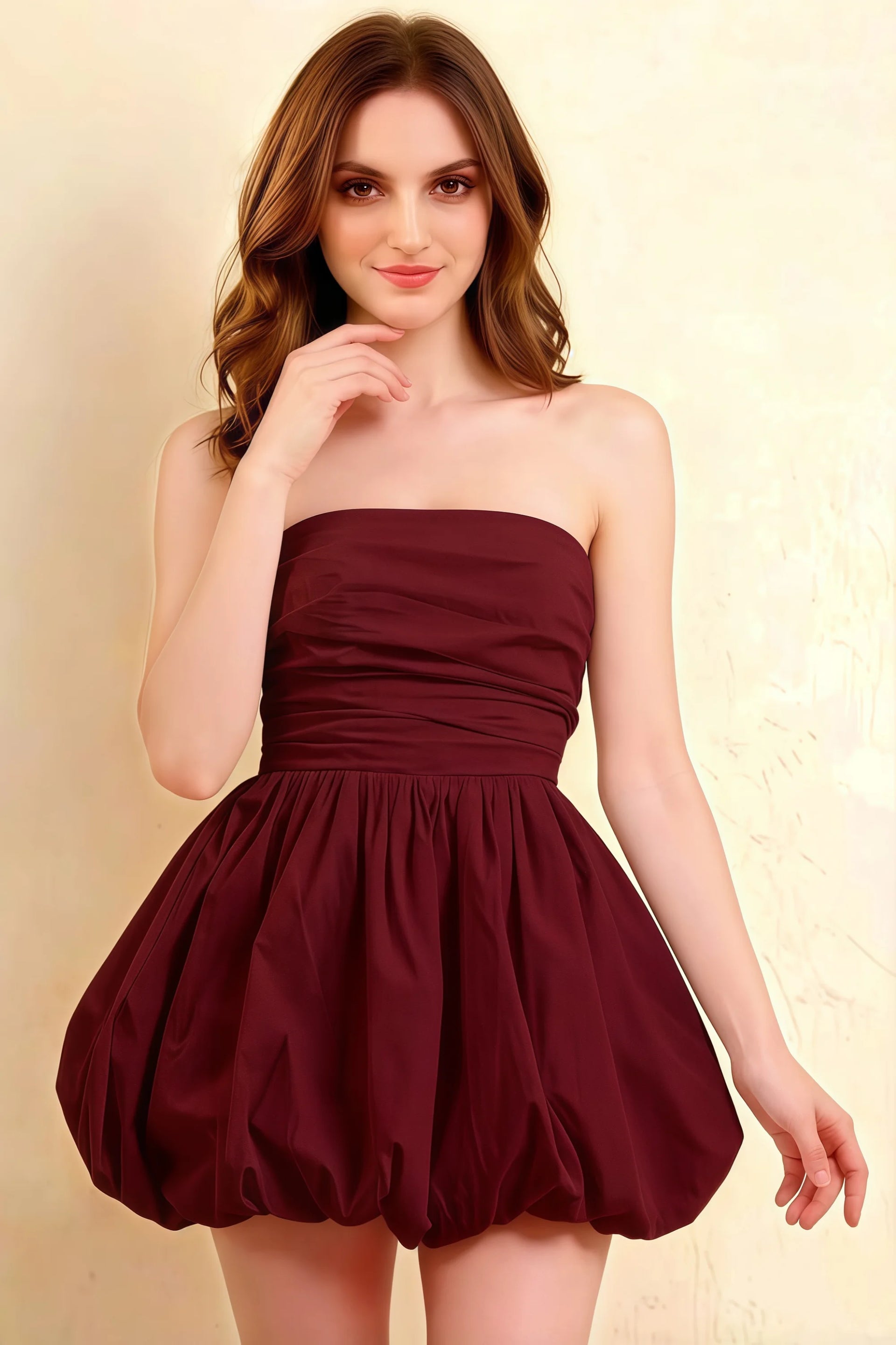 Cathy Burgundy Puff Ball Strapless Mini Dress with Ruching Details