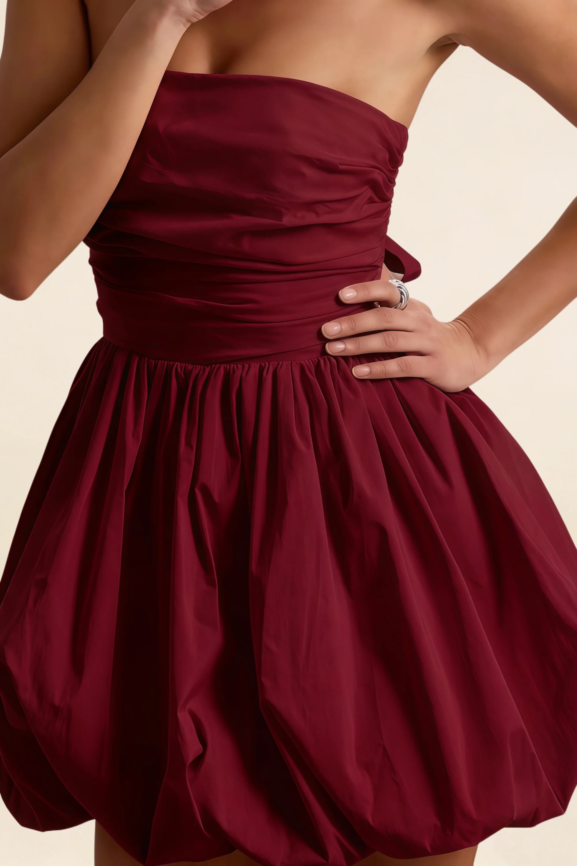 Cathy Burgundy Puff Ball Strapless Mini Dress with Ruching Details