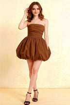 Cathy Coffee Puff Ball Strapless Mini Dress with Ruching Details