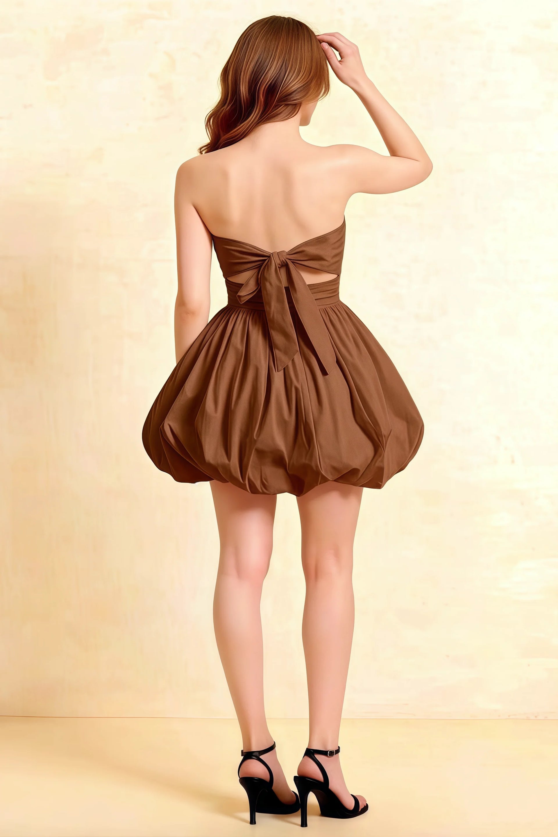 Cathy Coffee Puff Ball Strapless Mini Dress with Ruching Details