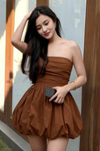 Cathy Coffee Puff Ball Strapless Mini Dress with Ruching Details