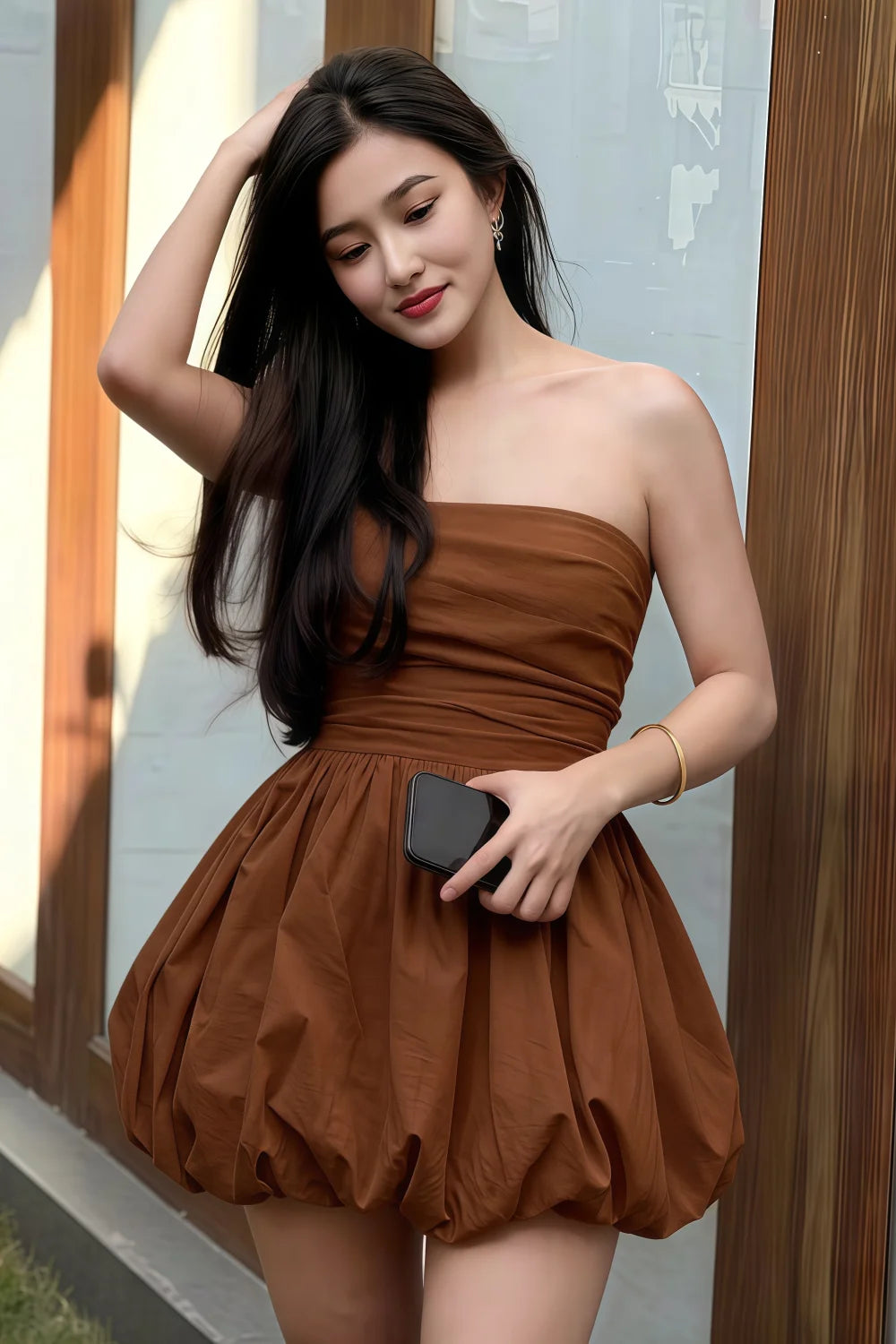 Cathy Coffee Puff Ball Strapless Mini Dress with Ruching Details