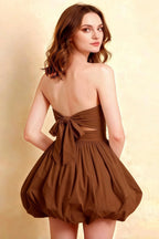 Cathy Coffee Puff Ball Strapless Mini Dress with Ruching Details