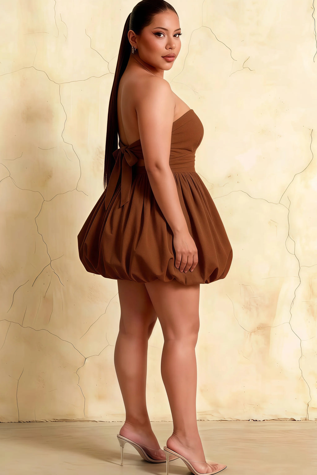 Cathy Coffee Puff Ball Strapless Mini Dress with Ruching Details