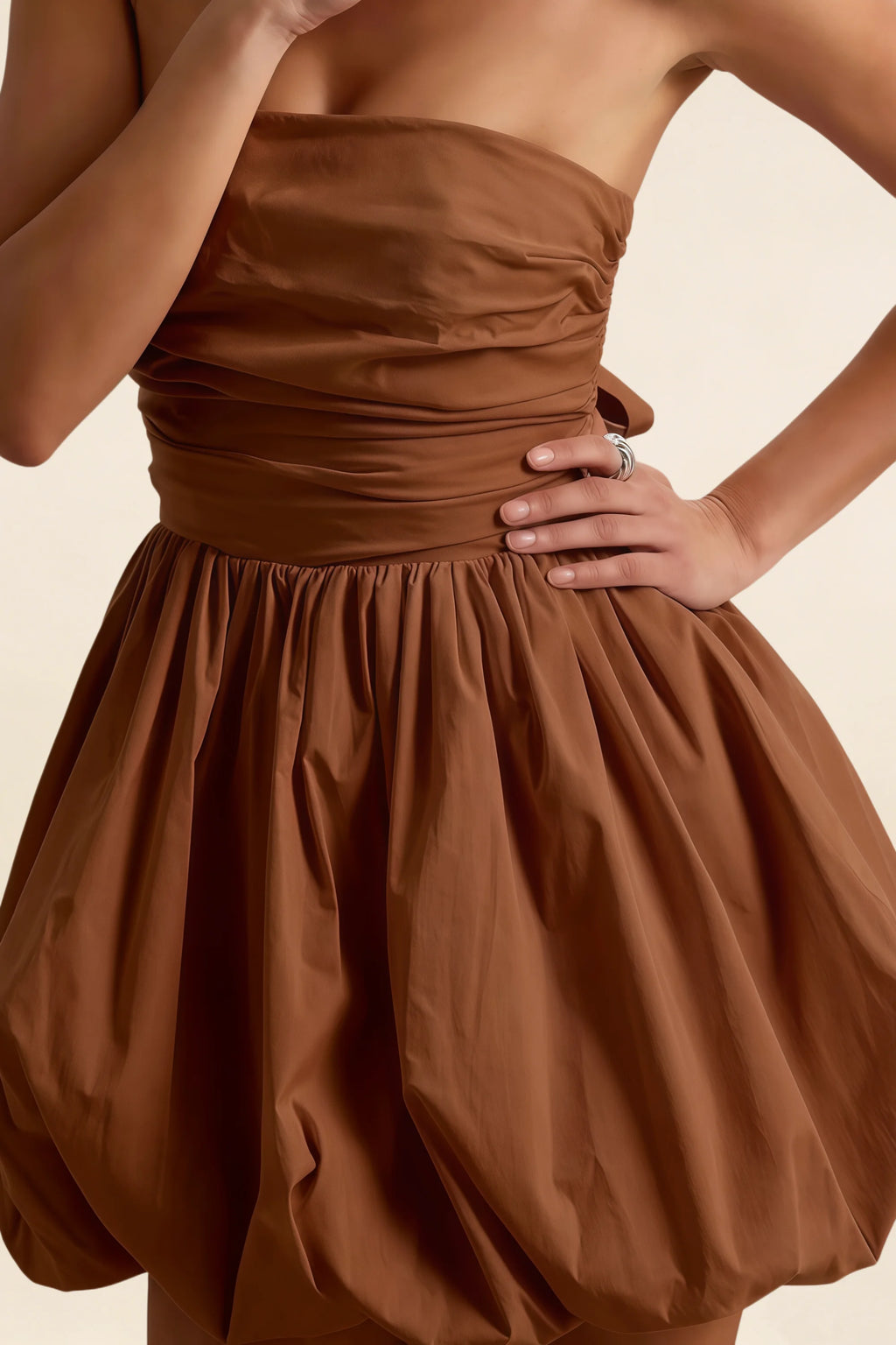 Cathy Coffee Puff Ball Strapless Mini Dress with Ruching Details