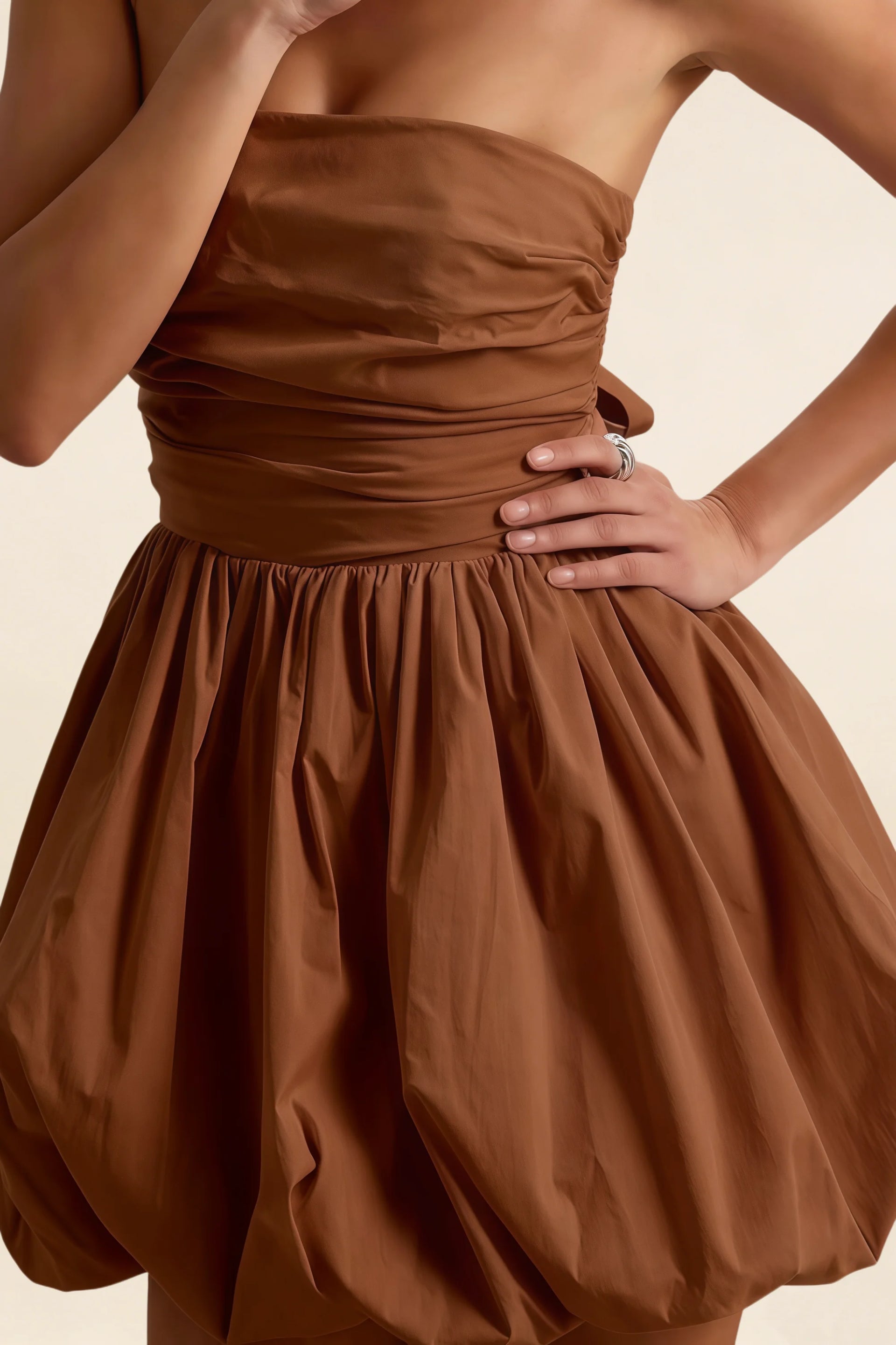 Cathy Coffee Puff Ball Strapless Mini Dress with Ruching Details