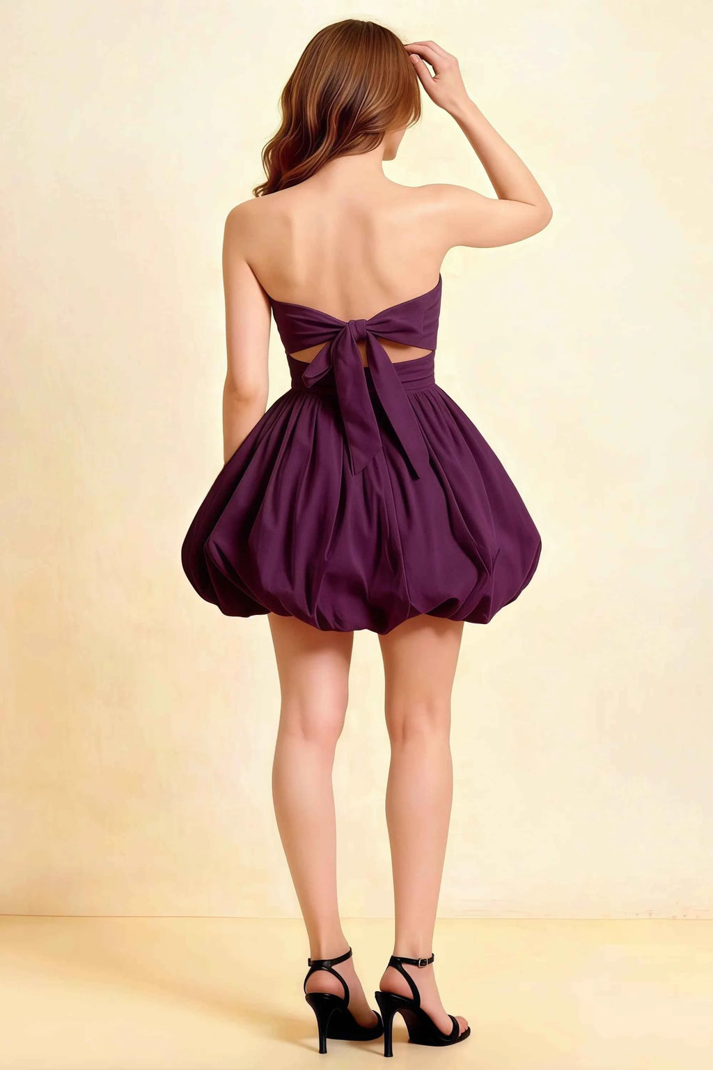 Cathy Grape Puff Ball Strapless Mini Dress with Ruching Details