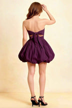 Cathy Grape Puff Ball Strapless Mini Dress with Ruching Details