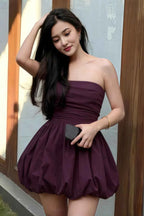 Cathy Grape Puff Ball Strapless Mini Dress with Ruching Details