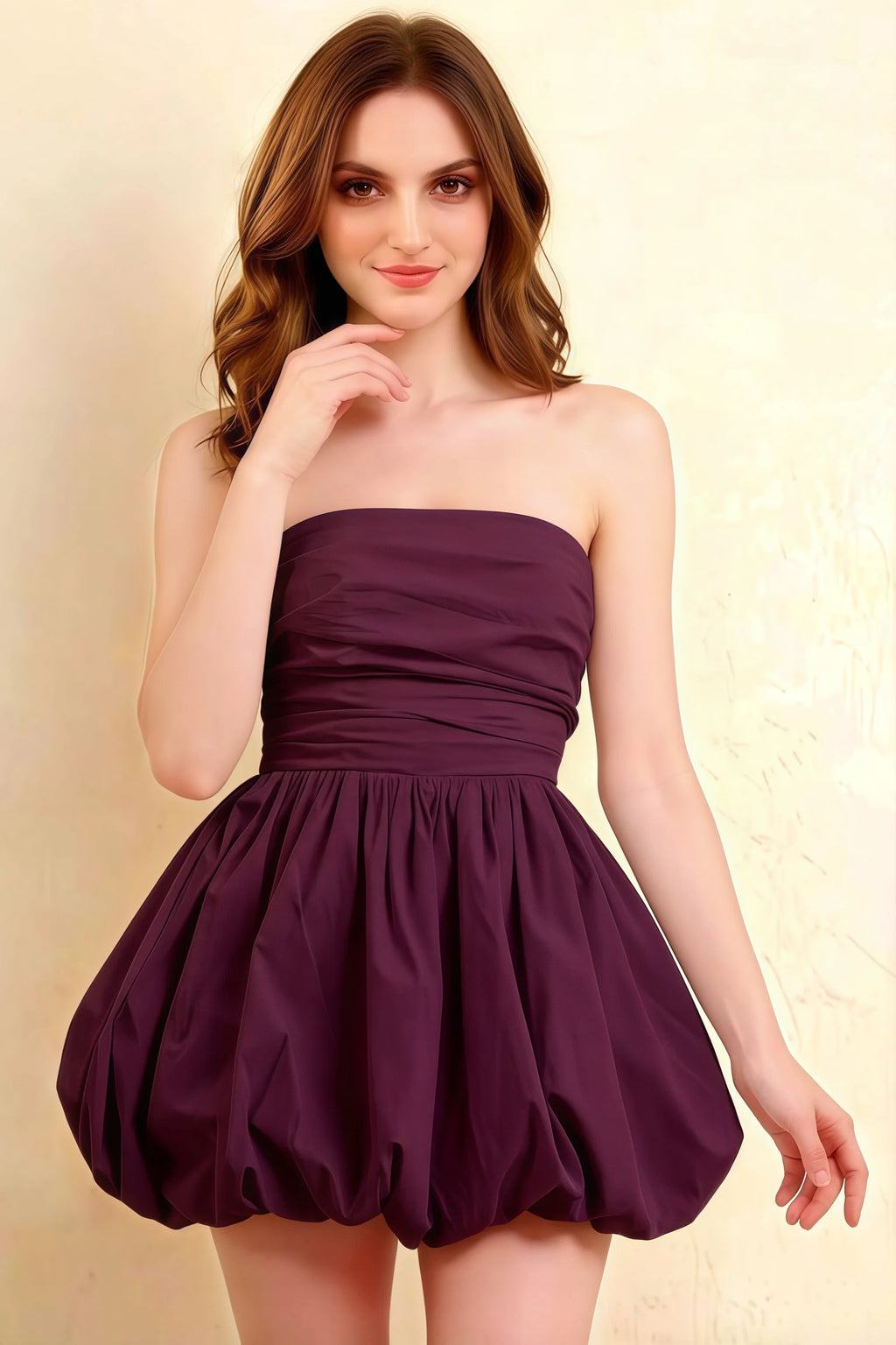Cathy Grape Puff Ball Strapless Mini Dress with Ruching Details