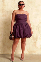 Cathy Grape Puff Ball Strapless Mini Dress with Ruching Details