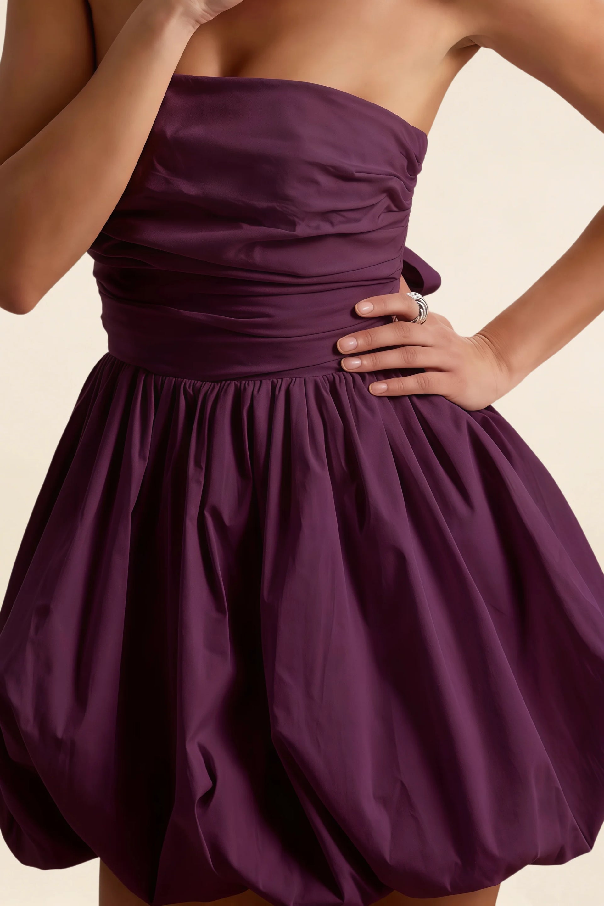 Cathy Grape Puff Ball Strapless Mini Dress with Ruching Details