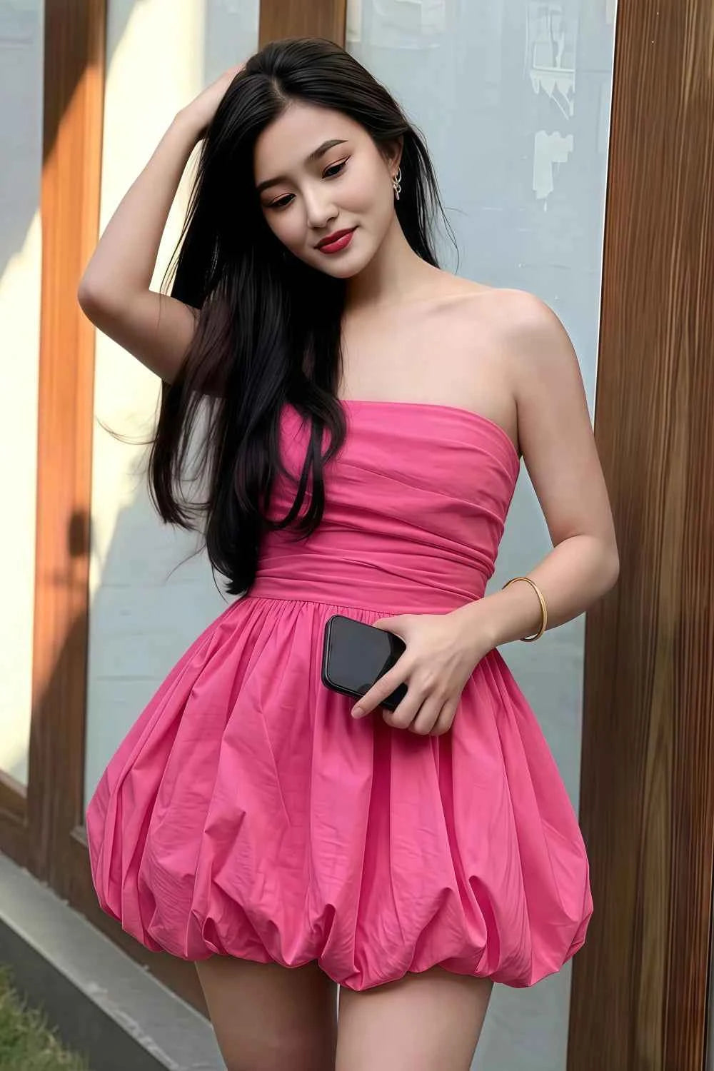 Cathy Hot Pink Puff Ball Strapless Mini Dress with Ruching Details