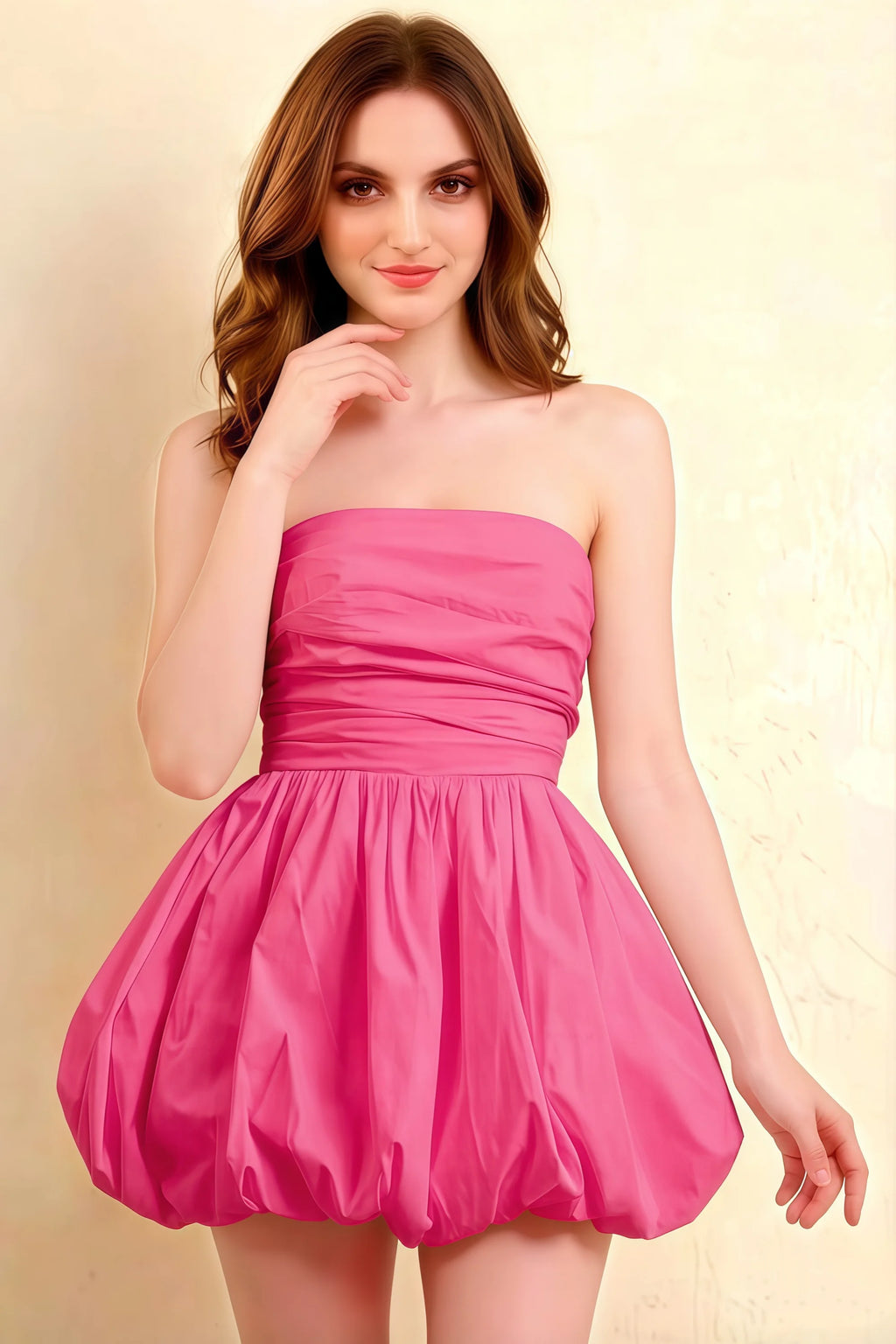 Cathy Hot Pink Puff Ball Strapless Mini Dress with Ruching Details
