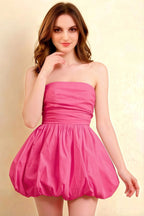 Cathy Hot Pink Puff Ball Strapless Mini Dress with Ruching Details