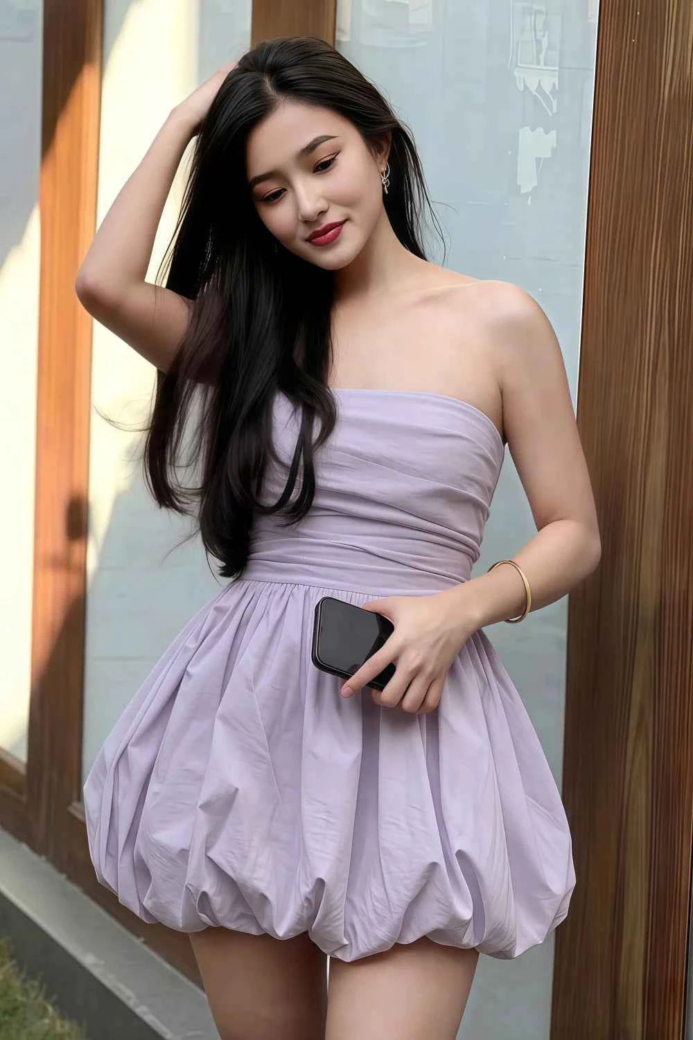 Cathy Lavender Puff Ball Strapless Mini Dress with Ruching Details
