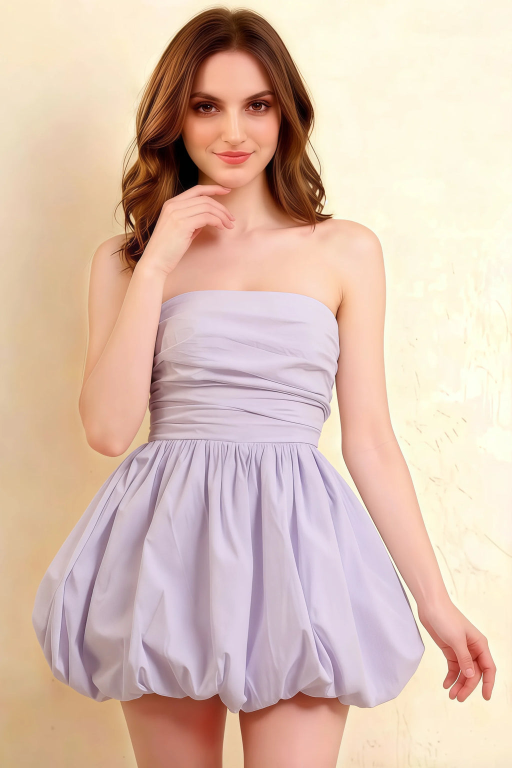 LVLVS Cathy Dress Lavender stretch poplin strapless bubble mini dress ruching detail birthday prom classy studio close up front shot