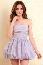 LVLVS Cathy Dress Lavender stretch poplin strapless bubble mini dress ruching detail birthday prom classy studio close up front shot