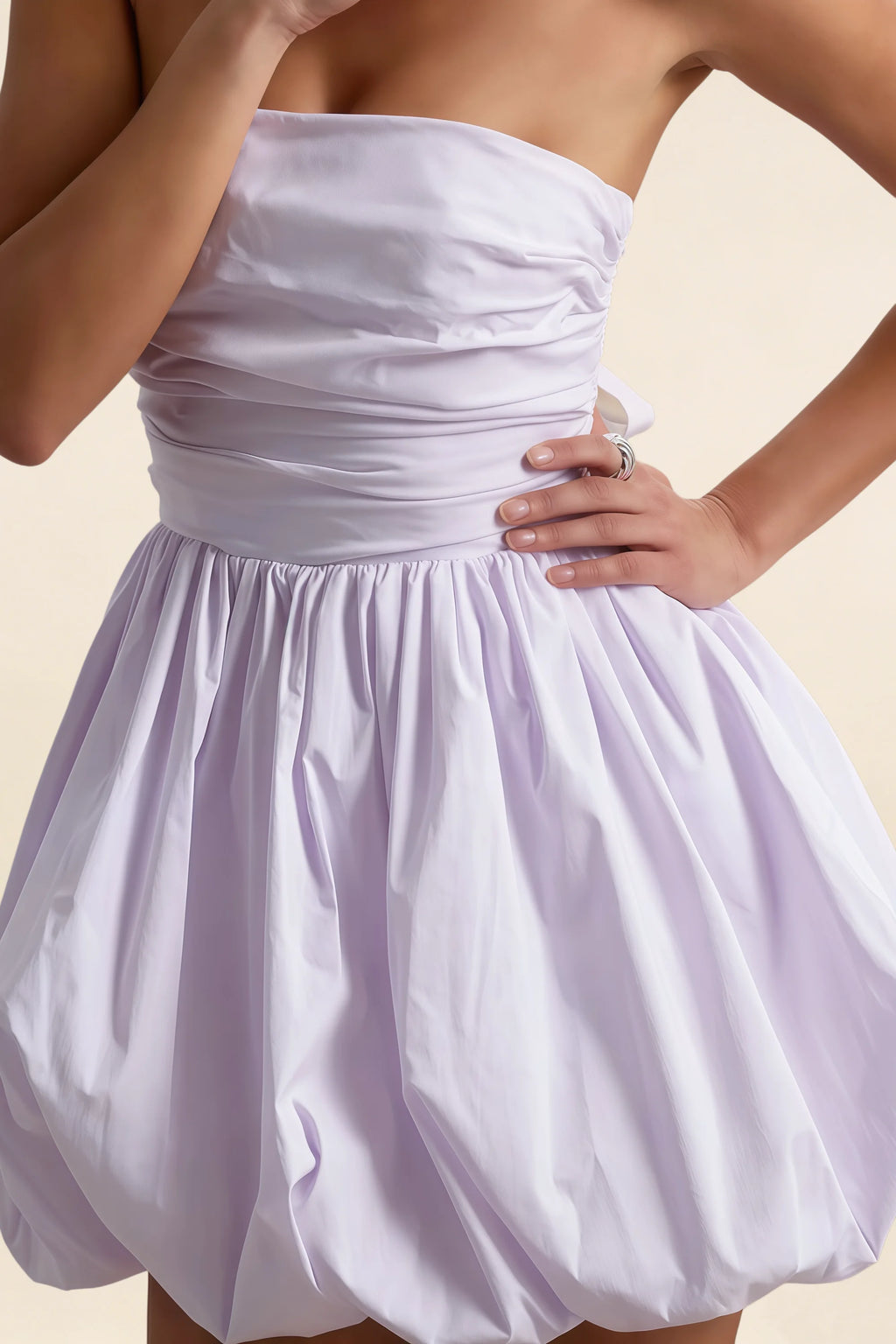 LVLVS Cathy Dress Lavender stretch cotton poplin fabric close up strapless mini dress waist ruching puff ball skirt detail for wedding guest prom party