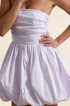 LVLVS Cathy Dress Lavender stretch cotton poplin fabric close up strapless mini dress waist ruching puff ball skirt detail for wedding guest prom party