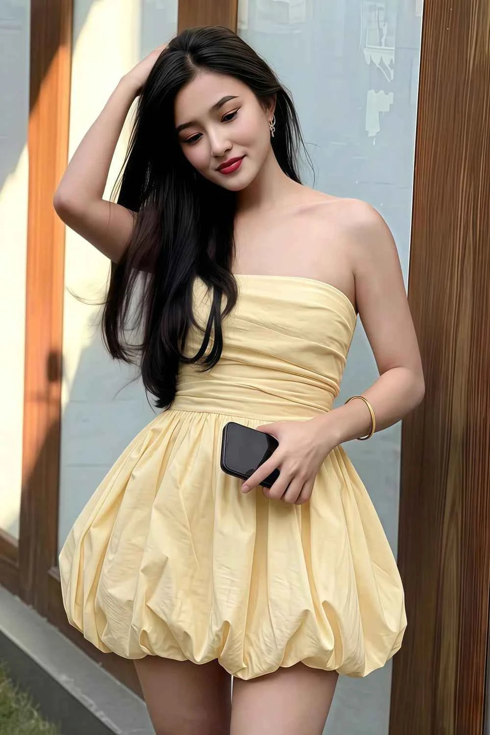 Cathy Lemon Puff Ball Strapless Mini Dress with Ruching Details