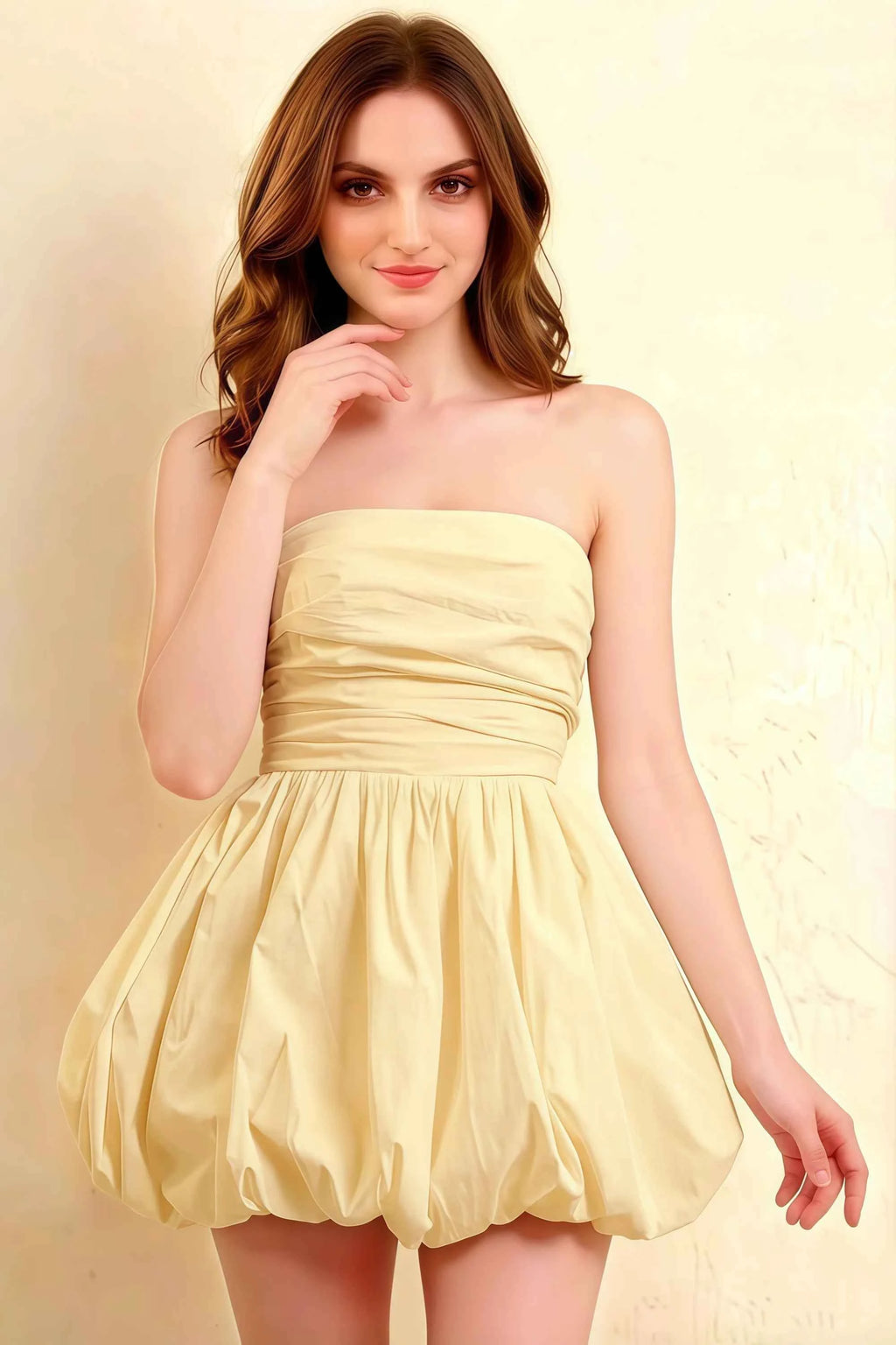 Cathy Lemon Puff Ball Strapless Mini Dress with Ruching Details