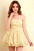 Cathy Lemon Puff Ball Strapless Mini Dress with Ruching Details