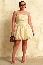 Plus Size Model in LVLVS Cathy Lemon Puff Ball Strapless Mini Dress for Curvy Formal Party and Graduation