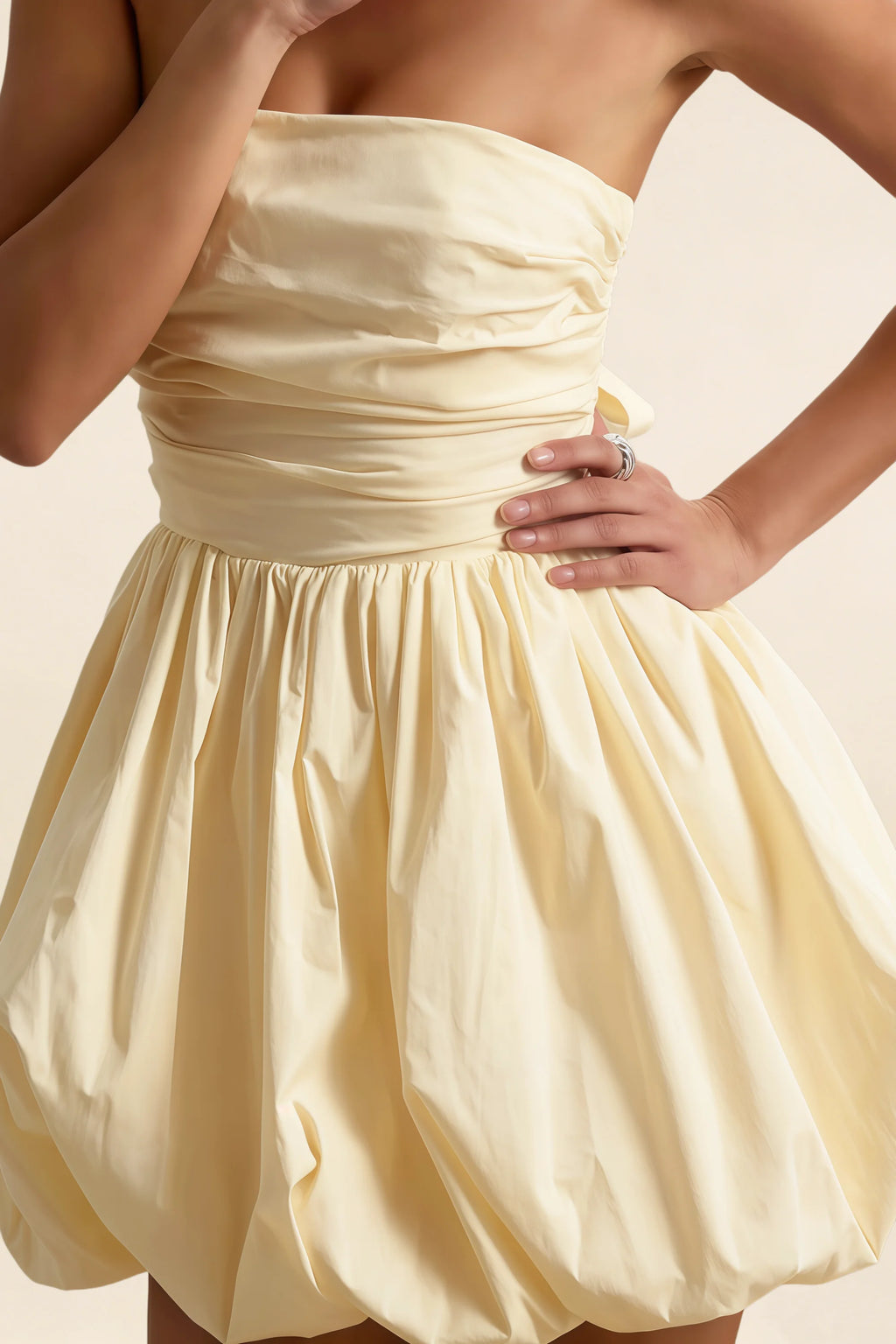 Detail of the Ruching Waist on LVLVS Cathy Lemon Stretch Cotton Poplin Puff Ball Mini Dress for Club and Party