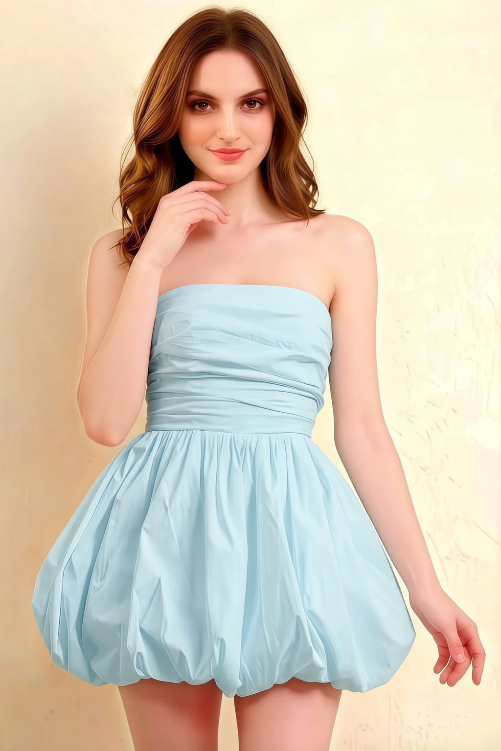 LVLVS Cathy Light Blue Strapless Mini Dress Front Close Up Ruching Details for Bridesmaid Birthday Casual Club Cocktail Dance Day Party Prom Semi - Formal Sorority Rush Wedding Guest Graduation