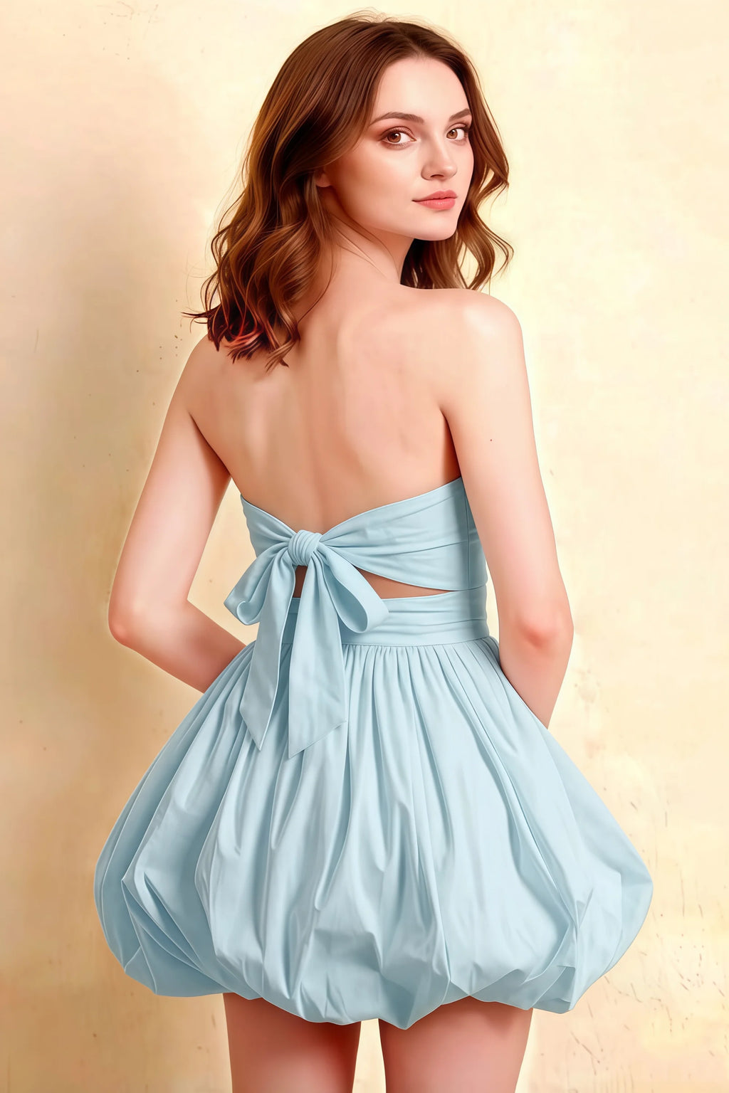 LVLVS Cathy Light Blue Strapless Mini Dress Back View Bow Tie Cutout Open Back for Bridesmaid Club Cocktail Dance Day Party Prom Semi - Formal Sorority Rush Wedding Guest Graduation