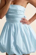 LVLVS Cathy Light Blue Strapless Mini Dress Waist Ruching Puff Ball Skirt Detail for Bridesmaid Birthday Casual Club Cocktail Dance Day Party Prom Semi - Formal Sorority Rush Wedding Guest Graduation