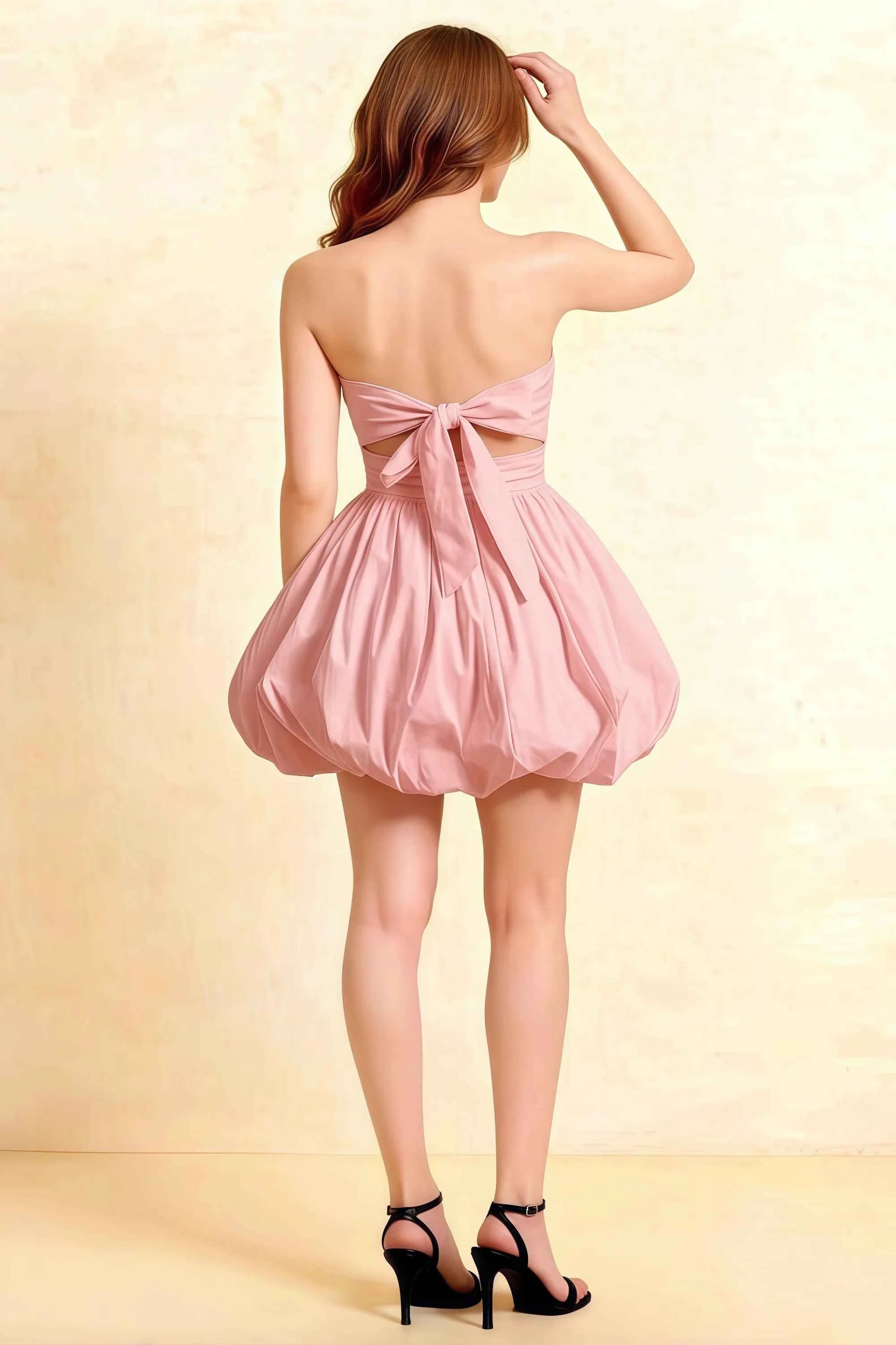 Cathy Light Pink Puff Ball Strapless Mini Dress with Ruching Details