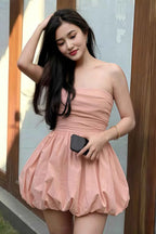 Cathy Light Pink Puff Ball Strapless Mini Dress with Ruching Details