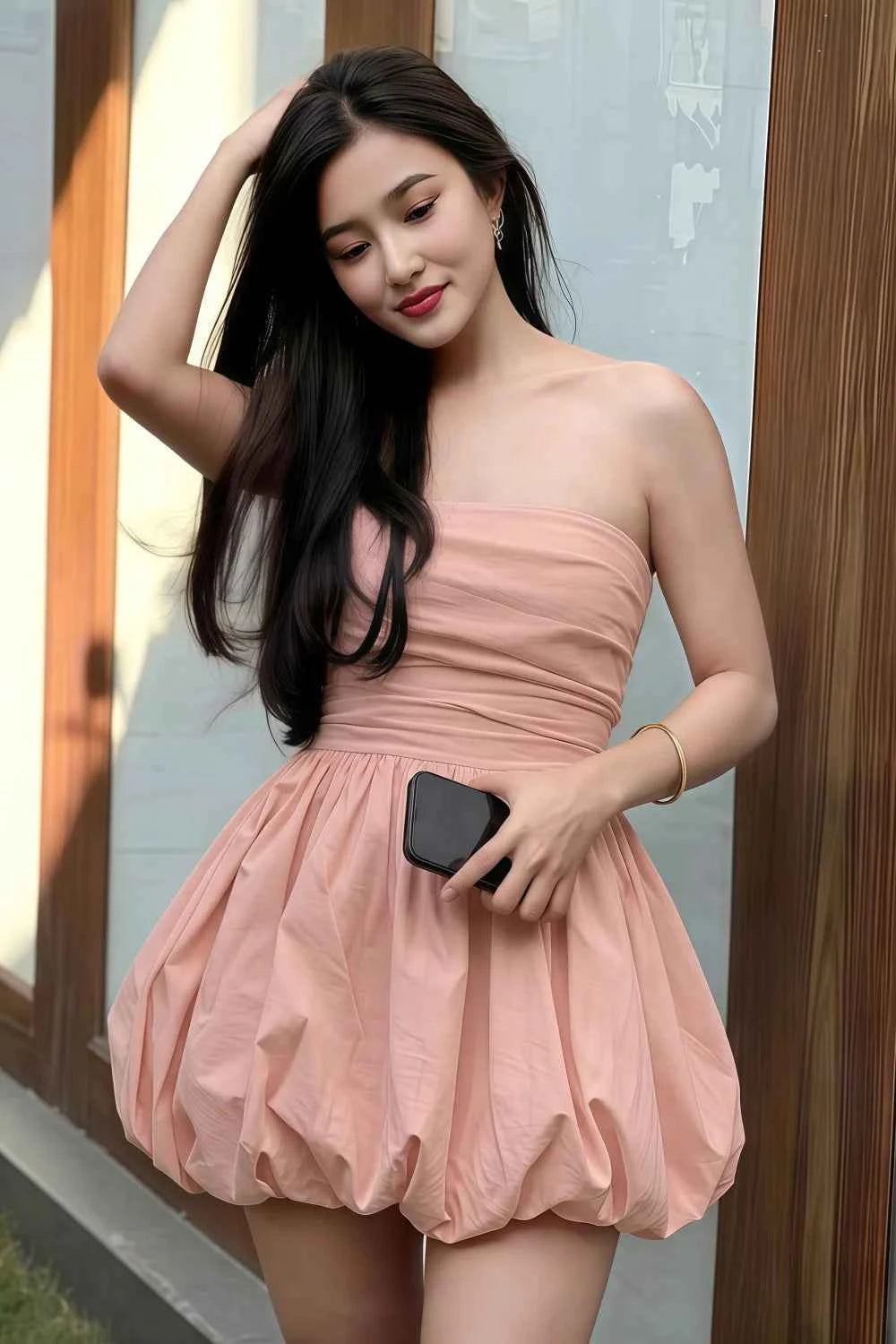 Cathy Light Pink Puff Ball Strapless Mini Dress with Ruching Details
