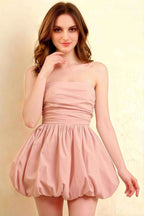 Cathy Light Pink Puff Ball Strapless Mini Dress with Ruching Details