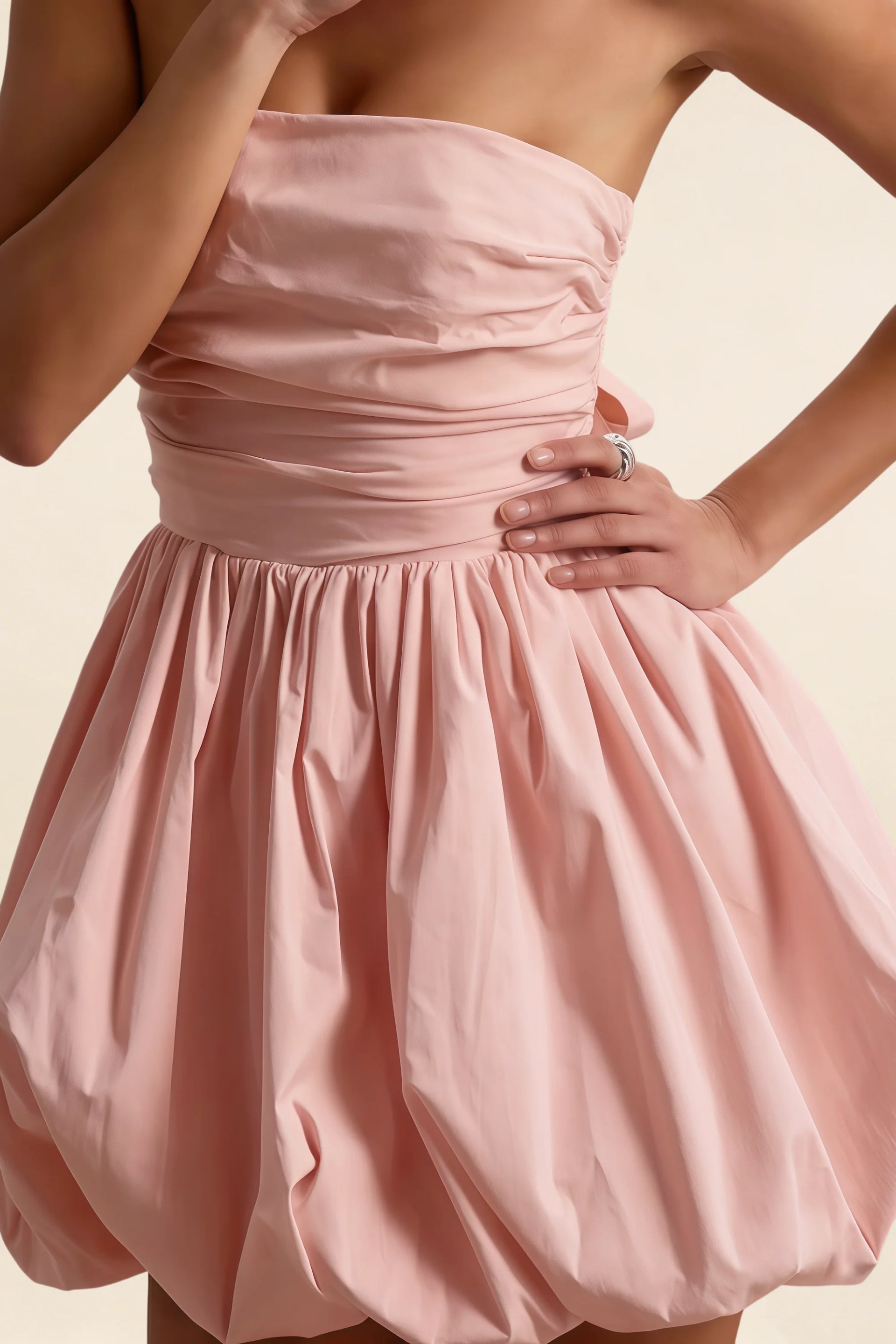 Detail Shot Waist Ruching on LVLVS Light Pink Cathy Puff Ball Strapless Dress for Day Party and Office Casual Wear