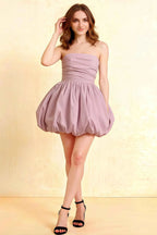 Cathy Lilac Puff Ball Strapless Mini Dress with Ruching Details