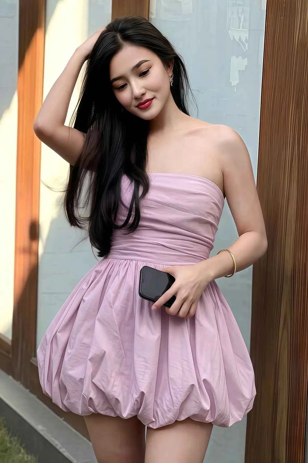 Cathy Lilac Puff Ball Strapless Mini Dress with Ruching Details