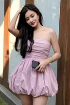 Cathy Lilac Puff Ball Strapless Mini Dress with Ruching Details