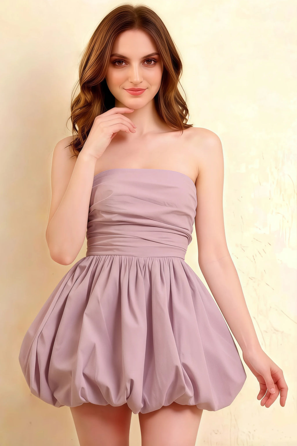 LVLVS Cathy Lilac Stretch Cotton Poplin Ruched Strapless Puff Ball Mini Dress For Prom Semi Formal Birthday Party Wedding Guest Front Half Body Close Up Studio Picture
