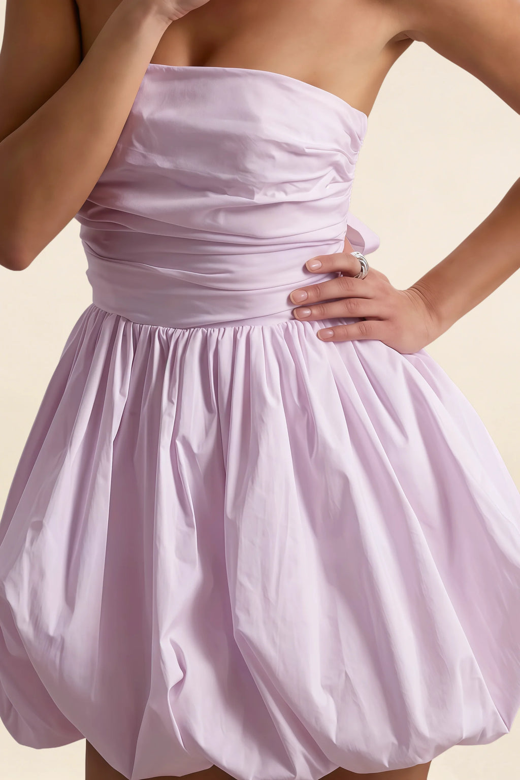 Close Up Detail Shot LVLVS Cathy Lilac Stretch Cotton Poplin Strapless Puff Ball Mini Dress Waist Ruched Bubble Skirt Fabric Texture For Party Wedding Guest Formal Occasion