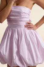 Close Up Detail Shot LVLVS Cathy Lilac Stretch Cotton Poplin Strapless Puff Ball Mini Dress Waist Ruched Bubble Skirt Fabric Texture For Party Wedding Guest Formal Occasion